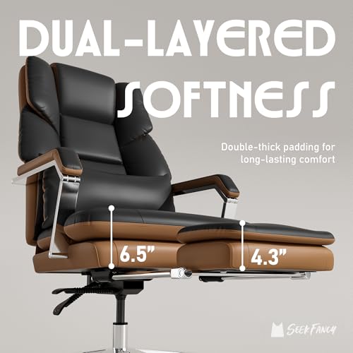 Image of SeekFancy Reclining Office Chair with Footrest, Big and Tall Office Chair 500lbs with Wide Seat and Lumbar Support for Heavy People, High Back, PU Leather, Black