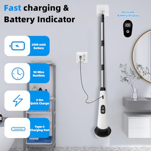 Image of SINZUX Electric Spin Scrubber, Electric Cleaning Brush with 8 Interchangeable Brush Heads, Electric Scrubbing Brush with LED Indicator and Adjustable Extension Handle for Bathroom, Kitchen