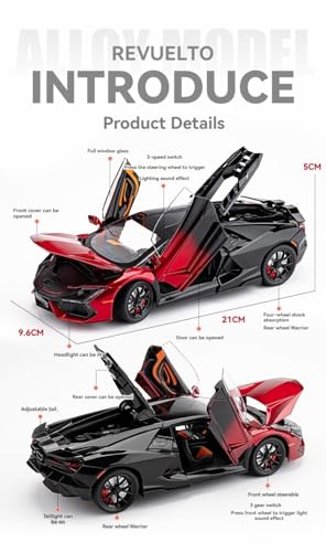 Image of Lamborghini Revuelto 1:24 Diecast Metal Car - Openable Doors, Sound & Light, Pull-Back Action, Realistic Collectible Toy Car for Kids &Adults,Premium Model RED Black