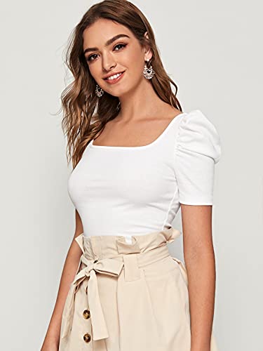 WDIRARA Women's Puff Sleeve Square Neck Short Sleeve Elegant Tee Top3