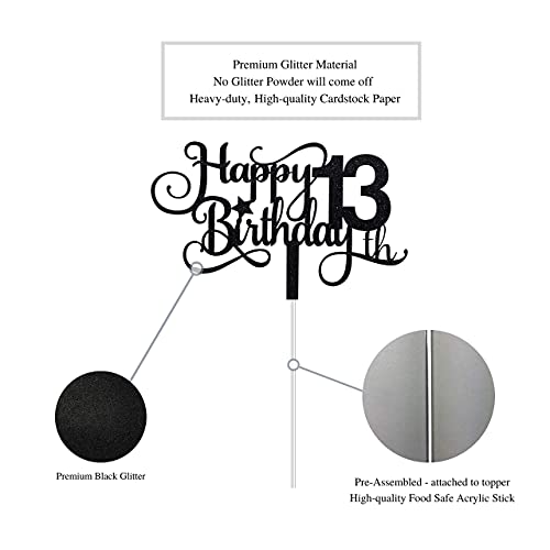 Image of FestikoBlack Glitter 13th Birthday Cake Topper, Happy 13th Birthday Cake Topper, 13th Birthday Party Decorations