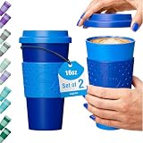 Copco Acadia 16oz Travel Mug with Lid, Set of 2 Double Wall Insulated Tumbler, Non-Slip Sleeve and BPA-Free - Microwave & Dishwasher Safe, Reusable Plastic To Go Travel Coffee Mug (Navy/Blue)