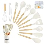Kitchen Utensil Set, 12 PCS Silicone Cooking Utensils Set with Wooden Handle, Heat Resistant, Nonstick Cookware Tongs Spatula Spoon Set, Silicone Kitchen Utensils Set Suitable for Kitchen(Off White) ﻿