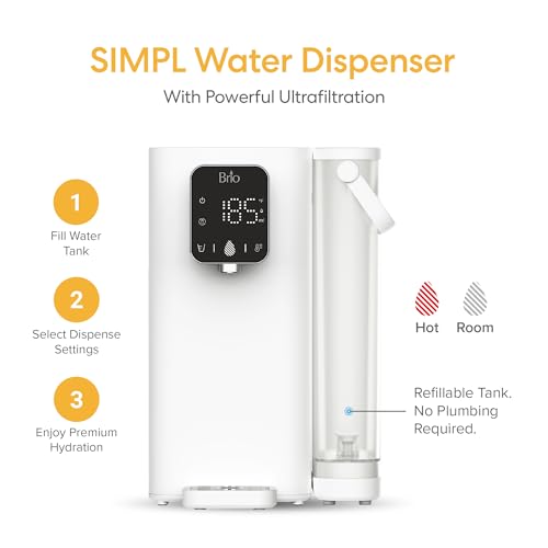 Image of Brio SIMPL Countertop Water Dispenser, 3 Stage Water Filter & Adjustable Instant Hot Water | Easy Access Refillable 2.5L Tank | Tall 8.5 inch Dispense Height, LED Touch Controls, White
