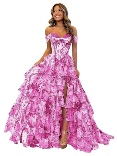 GATMAHE Tiered Chiffon Floral Print Prom Dress 2026 Off Shoulder