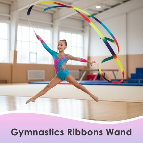 Image of YGEOMER 2Pcs Dance Ribbons for Kids, 1 Neon Rainbow Gradient & 1 Sparkling Pink & Blue Gymnastics Ribbon Wands, Ballet Party Favors for Girls, Birthday Performance Props
