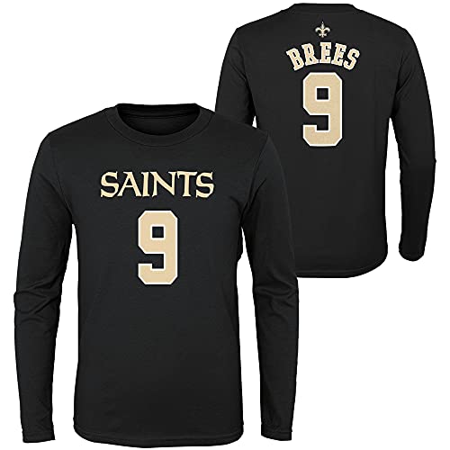 NFL Youth Team Color Mainliner Player Name and Number Long Sleeve Jersey T-Shirt (Medium 10/12, Drew Brees New Orleans Saints Black)