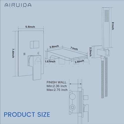 Airuida B09GS4GYH2 Wall Mount Tub Faucet With Waterfall Tub Spout Wall Mounted Bathtub Faucet thumb #5