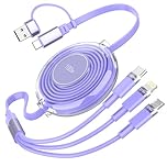 3-in-1 Retractable Multi Charging Cable, 100W Fast Charging USB-C/A to Lightning/USB-C/Micro USB for iPhone 17, 16/15 14 Pro Max, Samsung, Travel Charger for Multiple Device - Transparent (Purple)
