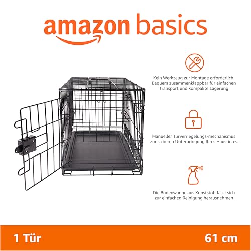 Amazon Basics Zusammenklappbarer Hundekäfig aus Metalldraht mit Bodenschale, Einzeltür, Schwarz, L 61 x B 46 x H 51 cm