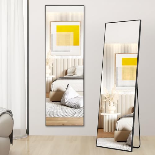Sweetcrispy Full Length Mirror with stand, 59"x16" Floor Mirror with Aluminum Alloy Frame for Bedroom, Standing Full Body Mirror with Shatter-proorf Nano Glass for wall, Living Room, Cloakroom (Black)