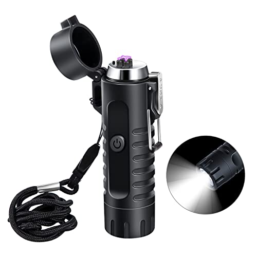 LcFun Waterproof Lighter USB Plasma Lighter Rechargeable Electric Lighter Waterproof with Flashlight Flameless Lighter Windproof Arc Lighter for Outdoor Camping Hiking (Black)