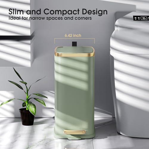 Image of CEROELDA Small Bathroom Trash Can with Lid-5L /1.3 Gal-Soft Close Lid-Green