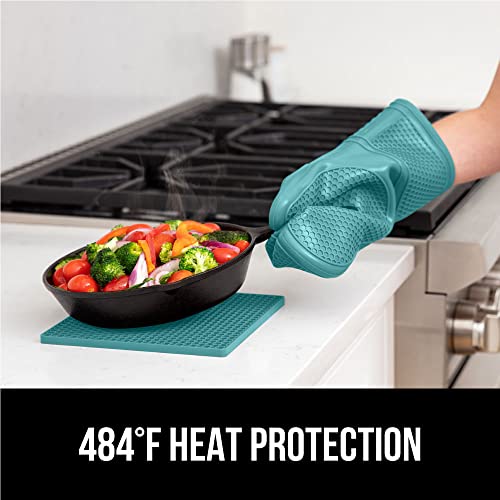 Gorilla Grip Heat And Slip Resistant Silicone Oven Mitt And Trivets Set, Waterproof, Cotton Lined Gloves, Bpa-Free, Long Cooking Mitts And Trivet Mats, Kitchen Potholder Sets, 4 Pieces, Turquoise #TOP3