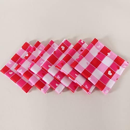SARAFLORA Set of 6 Mother's Day Napkins Checkered and Hearts Pattern- 20x20 Inch -Napkin Set for Anniversary/Holiday/Valentine/Party/Wedding Decoration Use, Red & White