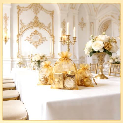 Image of Sukh Gold Organza Bags 5''x7'' - 100pcs Sheer Mesh Drawstring Bags for Jewelry, Soap, Fruits, Candy, Small Gift Bags for Weddings, Valentine's Day, Mother's Day, Halloween, Thanksgiving, Christmas