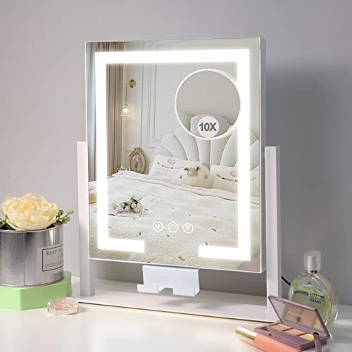 Kottova Makeup Mirror With Lights,Vanity Mirror Lighted Up Mirror With Phone Holder,3 Color Modes,Touch Control, Detachable 10X Magnification Mirror, Metal Frame,White #TOP4