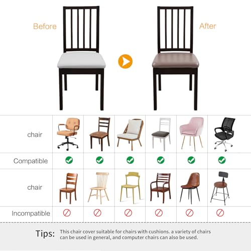 Image of YISUN Waterproof Chair Seat Covers Set of 6, Pu Leather Dining Room Chair Covers, Stretch Chair Cover for Dining Room Chair Protector Slipcover for Kitchen, Hotel (6, Pu Dark Tan)