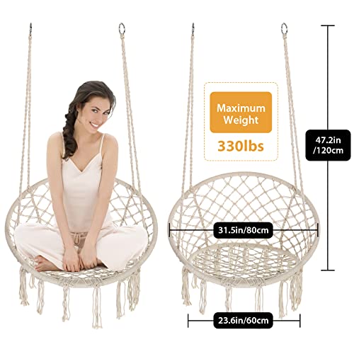 Image of Garpans Hammock Chair Macrame Swing Bohemian Style Hammock Swing Chair with Tassels Hanging Swing Chair Handmade Knitted Cotton Rope for Indoor Outdoor Bedroom Patio Max 330 Lbs Beige