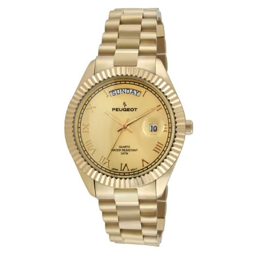 Peugeot 14K All Gold Plated Big Face Luxury Watch with Day Date Windows, Roman Numerals & Coin Edge Fluted Bezel Watch