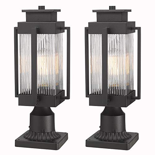 Osimir Outdoor Post Lantern, 2 Pack Modern Exterior Post Lamp with Pier Mount Base,Post Light in Black Finish with Clear Ribbed Glass, 7W x 18H, 2377/1GL-2PK