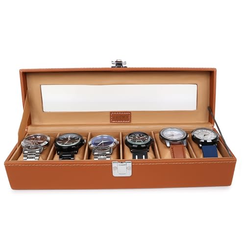Image of LEDO Watch Box Organizer, 6 Slot Storage Case with Clear Transparent Top, Tan PU Leather with Cream Velvet Interior, Metal Clip Lock, Rectangular