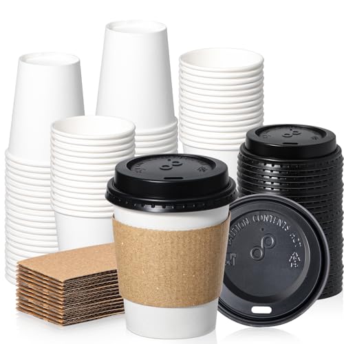Fit Meal Prep 50 Pack 8 oz Disposable Coffee Cups with Lids Sleeves Leak-Proof To Go Coffee Cups with Lids Durable Paper Cups for Hot Beverage Home Office Party