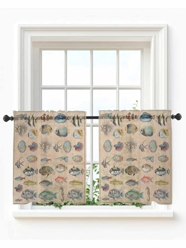 Epetloutys Ocean Fishes Sheer Tier Curtains 24 Inch Length, Retro