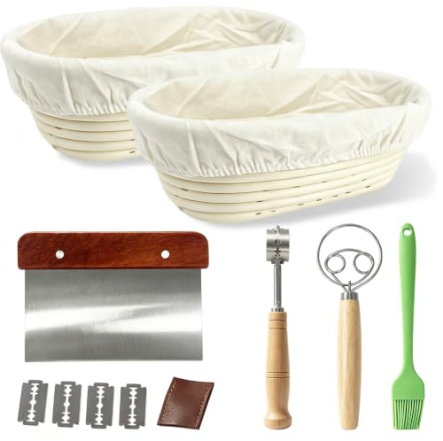 Image of 2 Pack 10 Inch Oval Sourdough Banneton Bread Proofing Basket Set with Bread Lame, Scrapers, Danish Whisk & Flour Brush