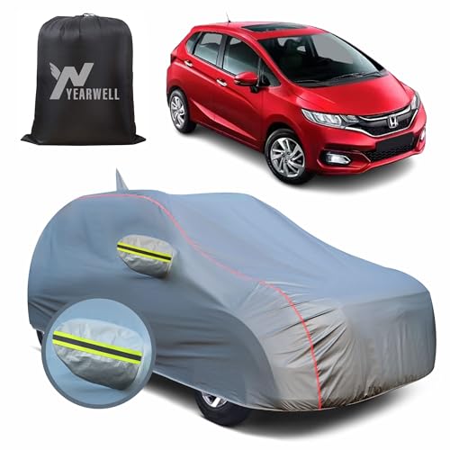 Image of Car Body Cover for Honda Jazz, 100% Waterproof, Heat-Resistant with Mirror & Antenna Pockets, Soft Cotton Lining, Triple Stitched, Green Reflector (Metallic Grey)