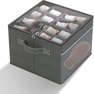 Shoe Organizer for Closet- Fits 16 Pairs, Large Foldable Shoe Storage with Clear Cover, Grey Adjustable Dividers Shoe Containers with Mesh Pockets and Pull Handles,Grey