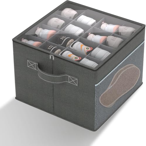 Shoe Organizer for Closet- Fits 16 Pairs, Large Foldable Shoe Storage with Clear Cover, Grey Adjustable Dividers Shoe Containers with Mesh Pockets and Pull Handles,Grey