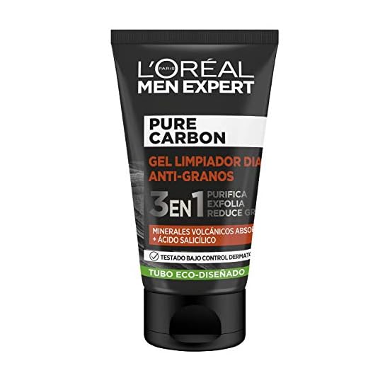 L'Oréal Paris Men Expert - Pure Carbon, gel limpiador facial diario anti-granos, Con Minerales Volcánicos y Ácido Salicílico,100 ml
