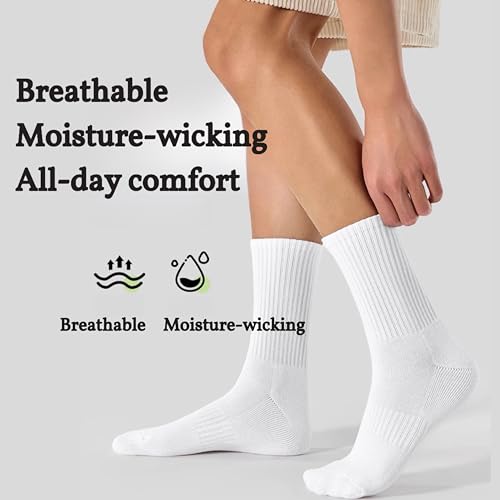 Cotton Crew Socks, White Socks for Women and Men, Sweat-Absorbent, Arch Support, Wear-Resistant, Fits Sizes 6-12, 5 pairs4