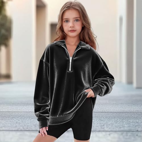 Girls Velvet Oversized Sweatshirts Kids Quarter Zip Lapel Collar Pullover Casual Long Sleeve Preppy Sweatshirt2