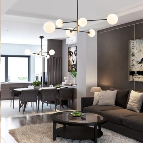 Gimpo, Luminária 6 Globos Vidro 85x48cm Jabuticaba Sputnik Metal Lustre Teto Gimpo KJDD-E-538-PRETO-