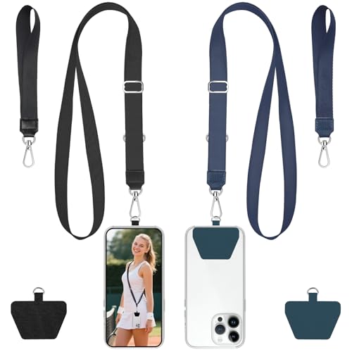 takyu Phone Lanyard, 2 Pack Adjustable Anti-Drop Neck/Wrist Strap with 2 Pcs Tether Patches, Secure Hands-Free Compatible for iPhone Samsung Perfect for Nurses, Teachers, Travel, Hiking Black+DarkBlue