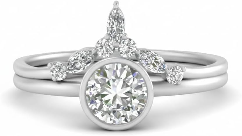 Choose Your Gemstone Round Bezel Crown Wedding Band sterling silver Round Shape Wedding Ring Sets Affordable