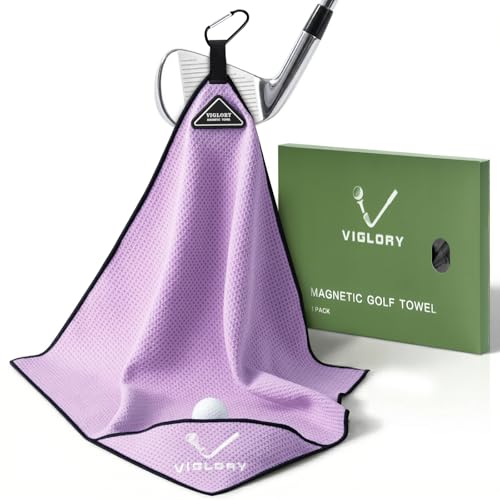 Viglory Magnetic Golf Towel 18'X18' With Cleaning Pocket, No-Bend Back Saver Design, Ultra Absorbent Waffle Microfiber Club Ball Cleaner, Golf Accessories And Gifts For Men Women (Purple)