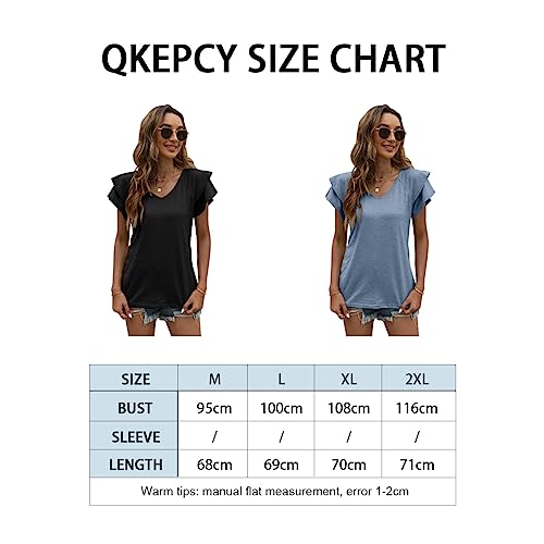 QKEPCY Camiseta Manga Corta Mujer Elegante Blusa Cuello en V Verano Volantes Casual Blusa Basica Camiseta Suelto Tops (Negro L)