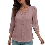 Keepink Women's 3/4 Length Sleeve Tops V Neck Dressy Casual Blouses Boho Summer Tees Shirts Solid Tshirt Loose Comfy Tunics Blouse Elegant Business Work Outfits Clearance