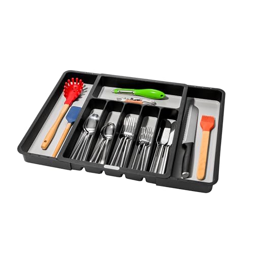 madesmart Expandable Silverware Tray, 8 Compartment Silverware Organizer for Forks, Knives & Spoons, Non Slip, Soft Grip Base, Expands to Fit Most Drawers, Carbon