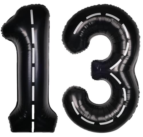 Image of Race Car 40 Inch Black 13 Big Large Helium Balloon Number 0-9 | Track Giant Digital 13th Foil Mylar Party Number Balloons for Men Birthday Car Theme Party Anniversary Graduation Decorations