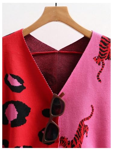 Image of WDIRARA Women's Leopard Tiger Print Cardigan V Neck Long Sleeve Color Block Button Down Sweater Outwear