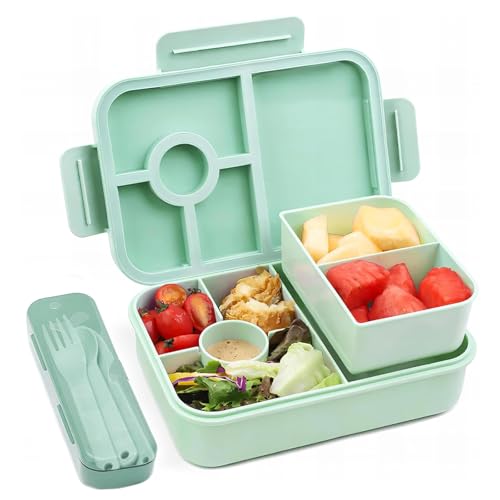 Bugucat Brotdose Kinder mit Fächern 1300ML, Auslaufsicher Lunchbox Kinder, Bento Box mit Besteckset, Brotdose für Erwachsene,Vesperdose Frühstücksbox für Mädchen & Jungen Grün