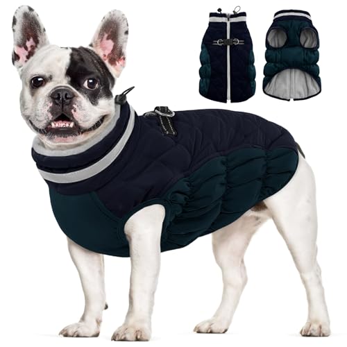 Image of AOFITEE Dog Coat, Warm Dog Jackets for Small Dogs, Dogs Winter Coat with Harness Built in, Reflective Pet Winter Jacket, Waterproof Windproof Puppy Puffer Jacket Fleece Vest, Navy XS