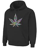 Sudadera con capucha de marihuana con bolsillo psicodélico y hoja de marihuana, Negro, M