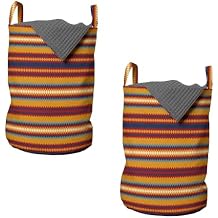 Lunarable Abstract Laundry Bag Pack of 2, Tribal Stripes on Horizontal Funky Ethnic Culture Hippie Folk Print, Hamper Basket with Handles Drawstring Closure, 13" x 19", Apricot Red Dark Indigo