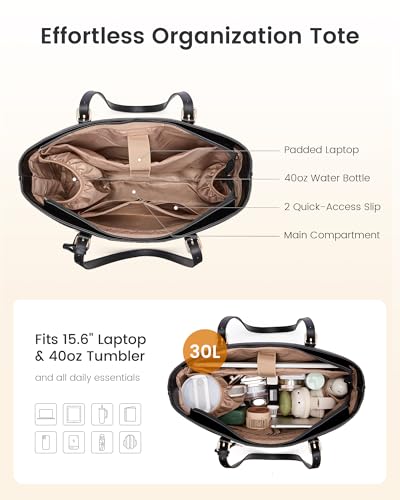 LOVEVOOK Laptop Bag for Women, 15.6 Inch Large Work Tote Bag with 40oz Cup Holder, Waterproof PU Leather Computer Briefcase for Teacher, Professional Business Shoulder Purse Black — view 3