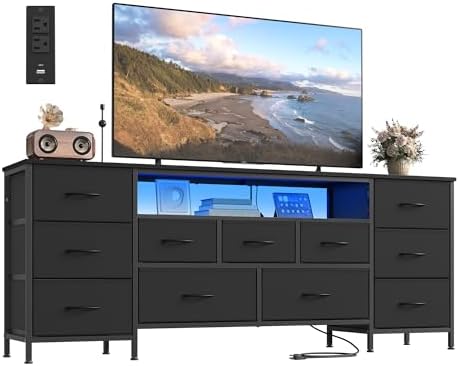 SONGMICS BELLAH Collection - TV Stand for TVs Up to 70 Inches, Dresser for Bedroom, Living Room, Chest of Drawers, Steel, 11 Drawers and Shelf, Modern, Ink Black ULGS043B101S